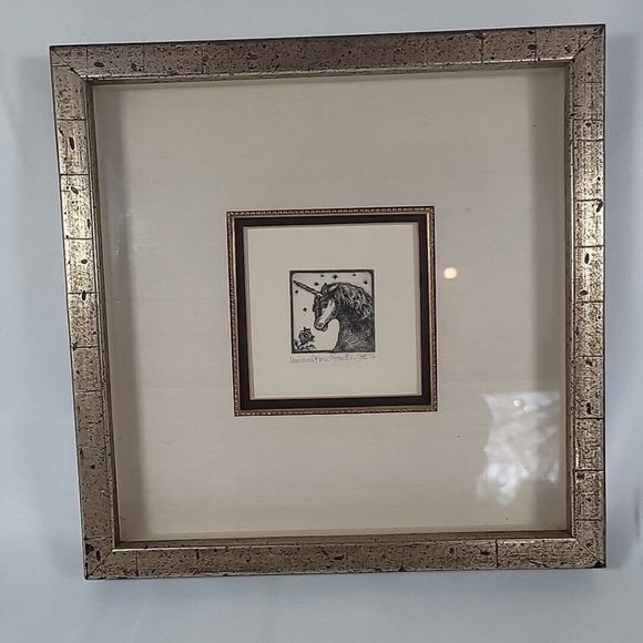 Rare Etching Unicorn & Rose 1976 Alice V. Scott Framed & Matted 12" x 12" 50/100 - Picture 2 of 8